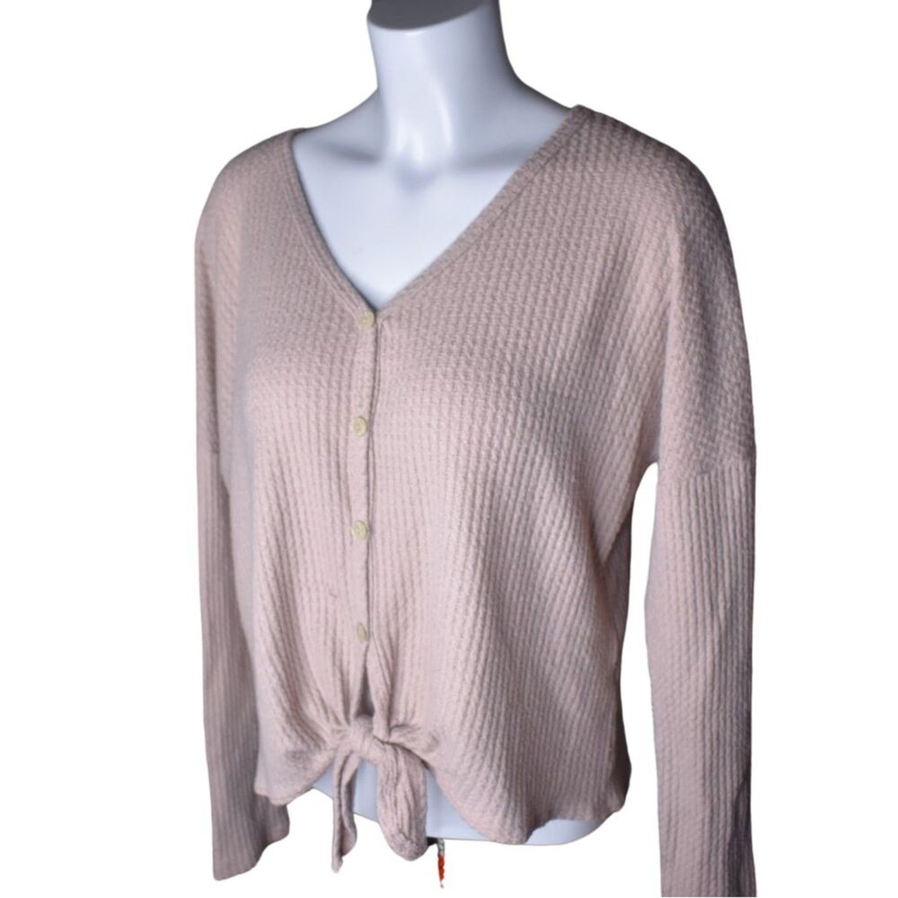 Altar'd State Tie Front Thermal Button Shirt Pink Lightweight Casual Boho Medium